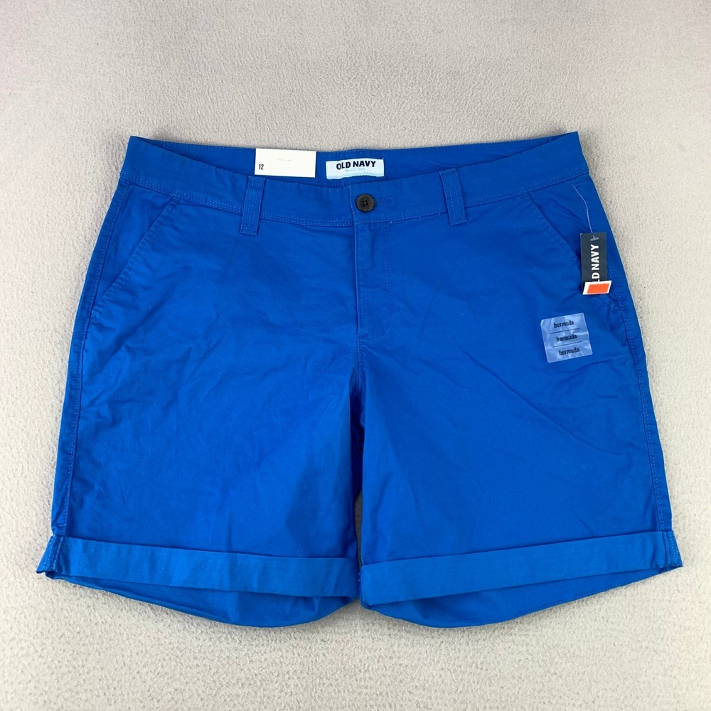 Old Navy Bermuda Chino Shorts Women 12 Blue Casual Cuffed Stretch Flat Front NWT